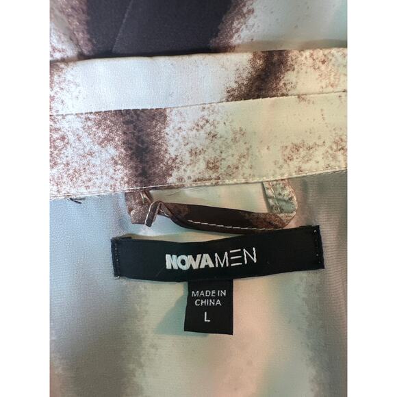 Nova Men cream brown short sleeves button casual shirt size Large - Picture 3 of 10